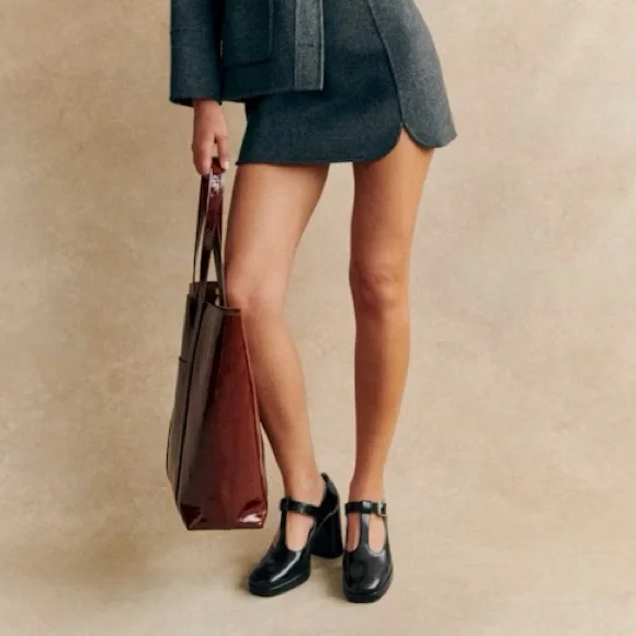 SEZANE Glossy Black Leather Monique High Babies T Strap Platform Mary Jane Heels - Picture 4 of 17